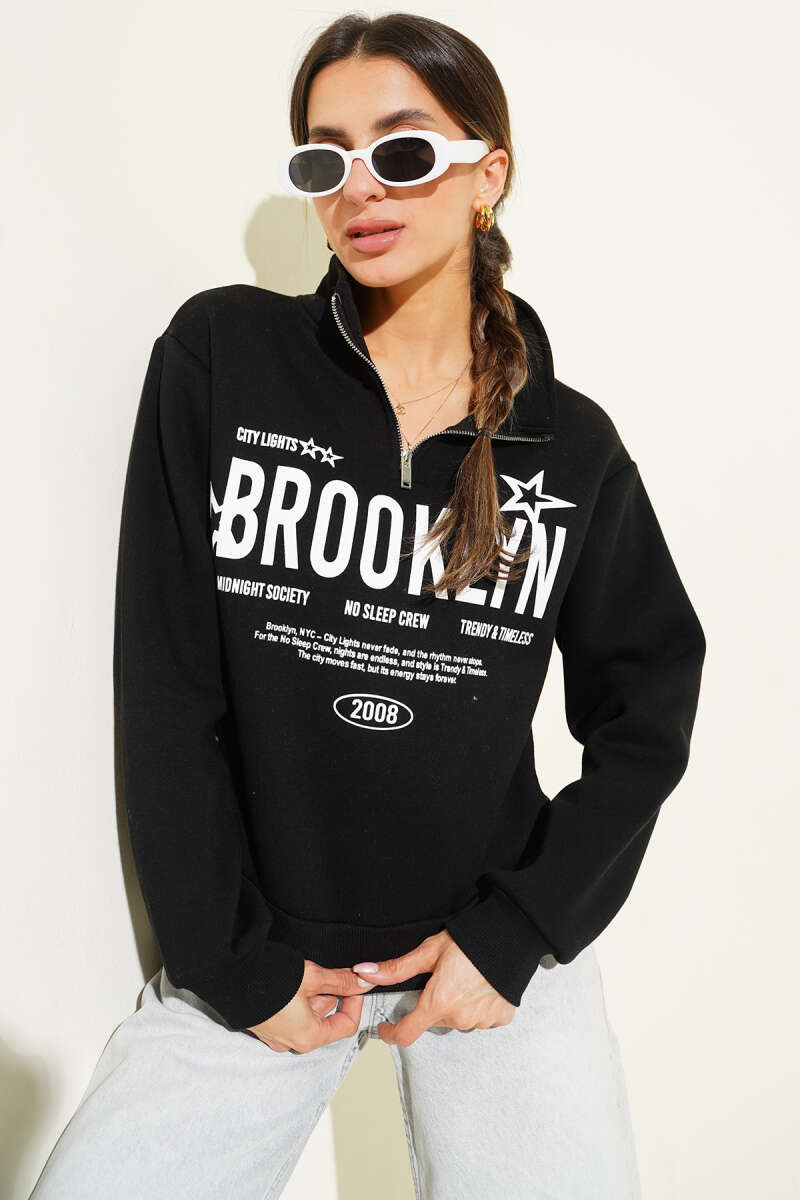 Half-Zip Printed Three-Thread Sweatshirt - Black