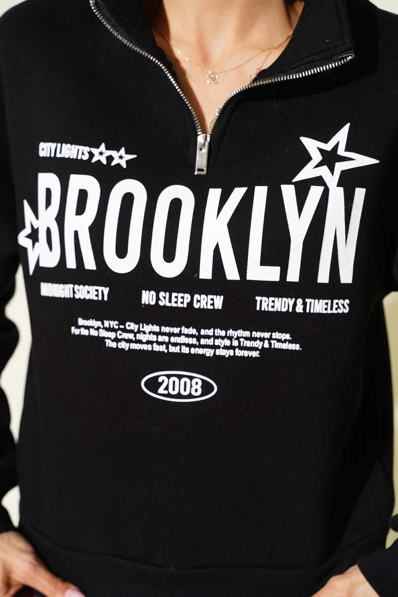 Half-Zip Printed Three-Thread Sweatshirt - Black