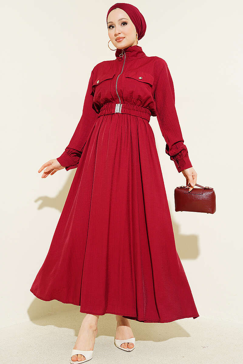 Half-Zip Dress with Elastic Waist - Burgundy