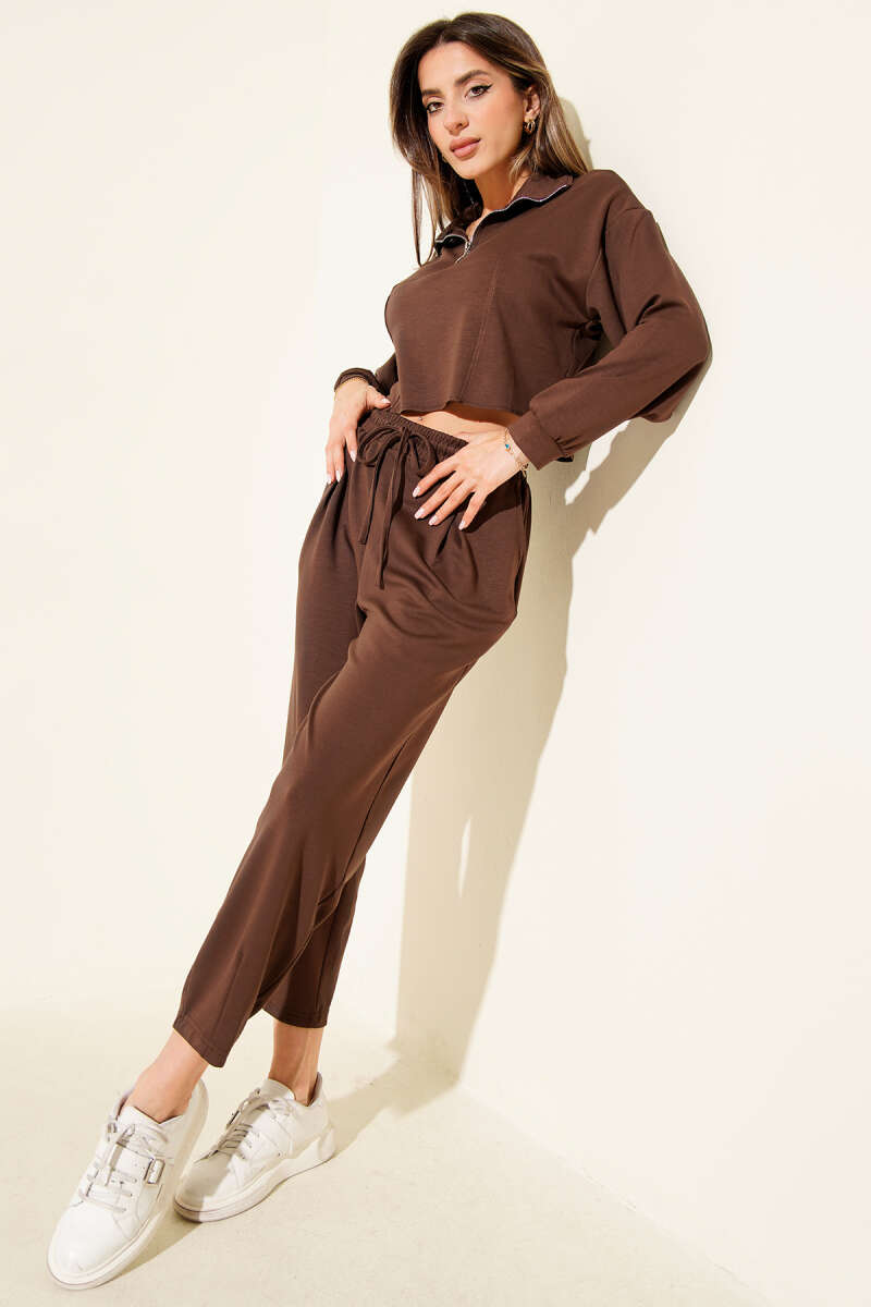 Half-Zip Crop Two-Piece Set - Brown