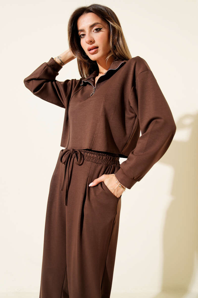 Half-Zip Crop Two-Piece Set - Brown