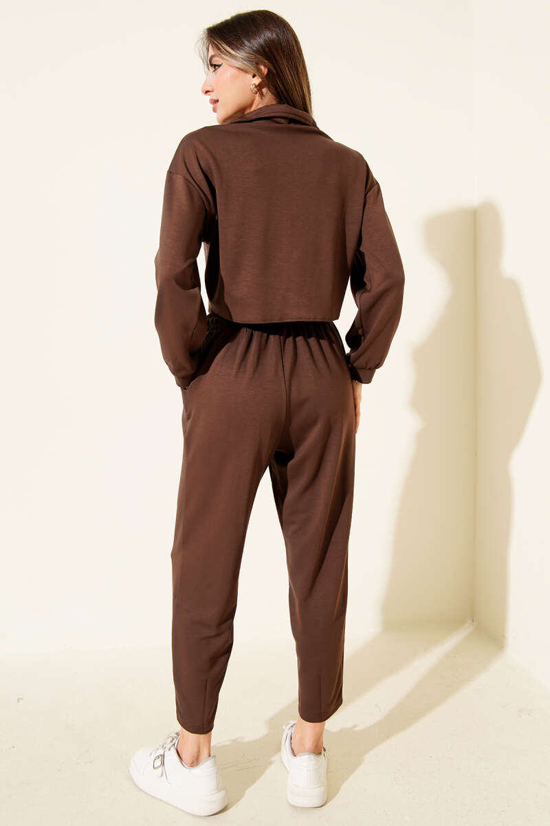 Half-Zip Crop Two-Piece Set - Brown