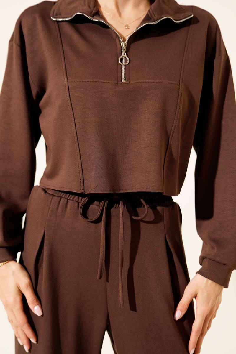 Half-Zip Crop Two-Piece Set - Brown
