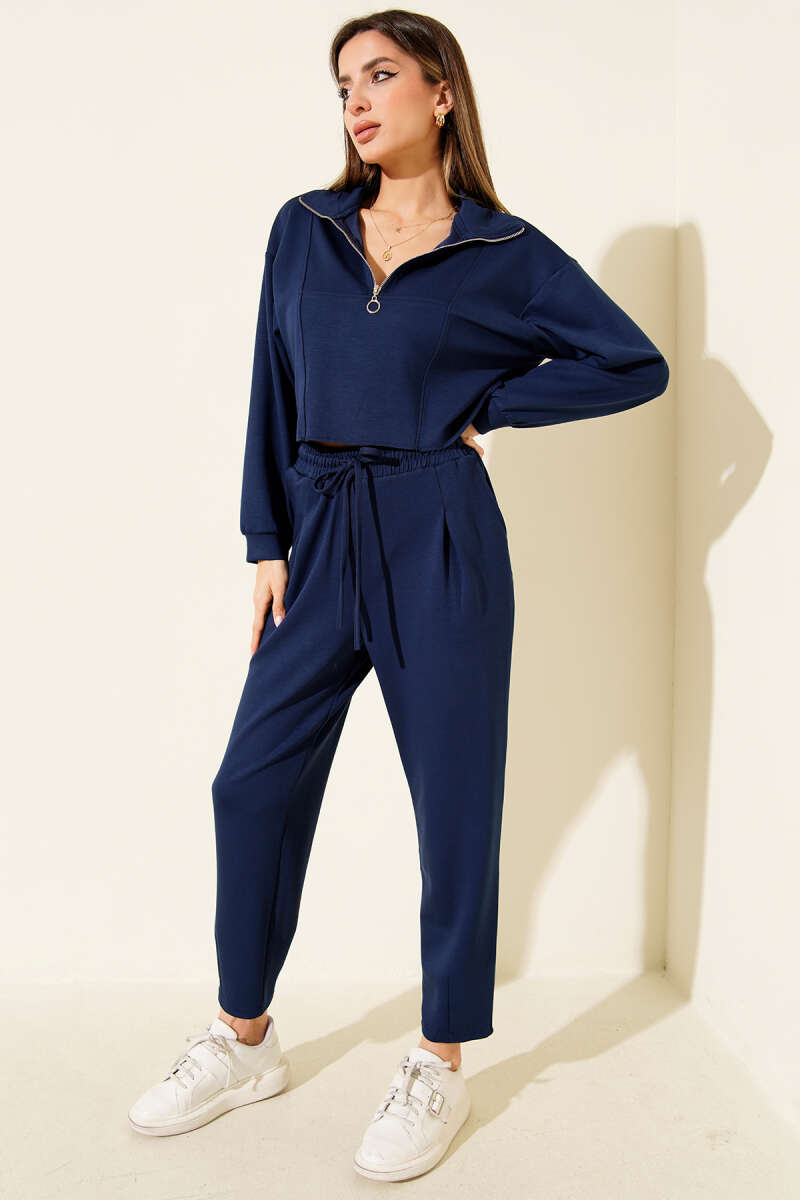 Half-Zip Crop Two-Piece Set - Navy