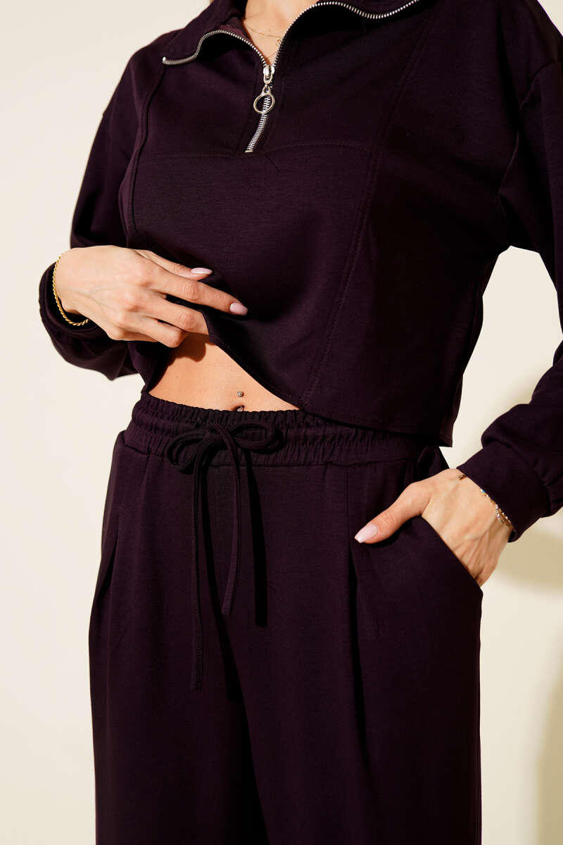 Half-Zip Crop Two-Piece Set - Plum