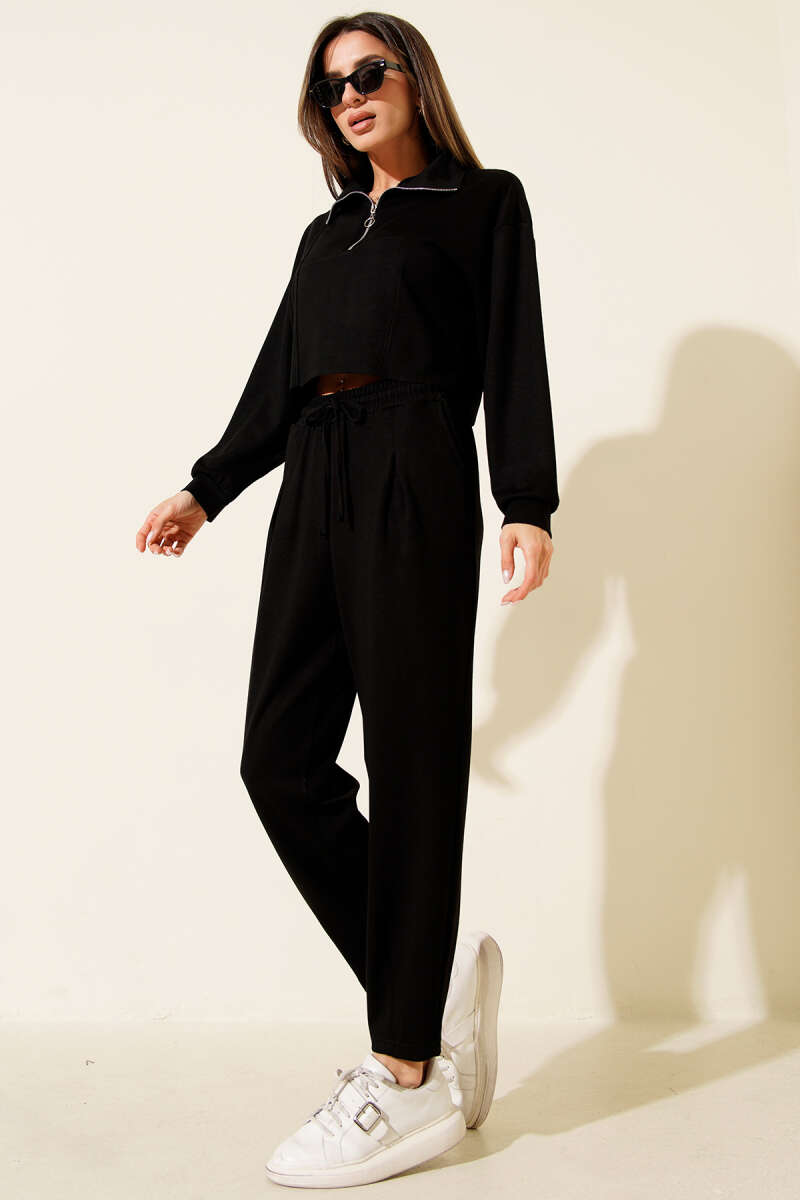 Half-Zip Crop Two-Piece Set - Black
