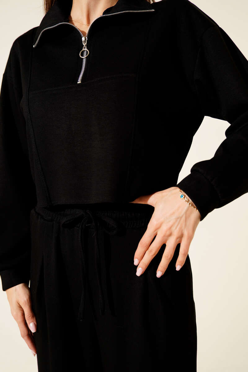 Half-Zip Crop Two-Piece Set - Black