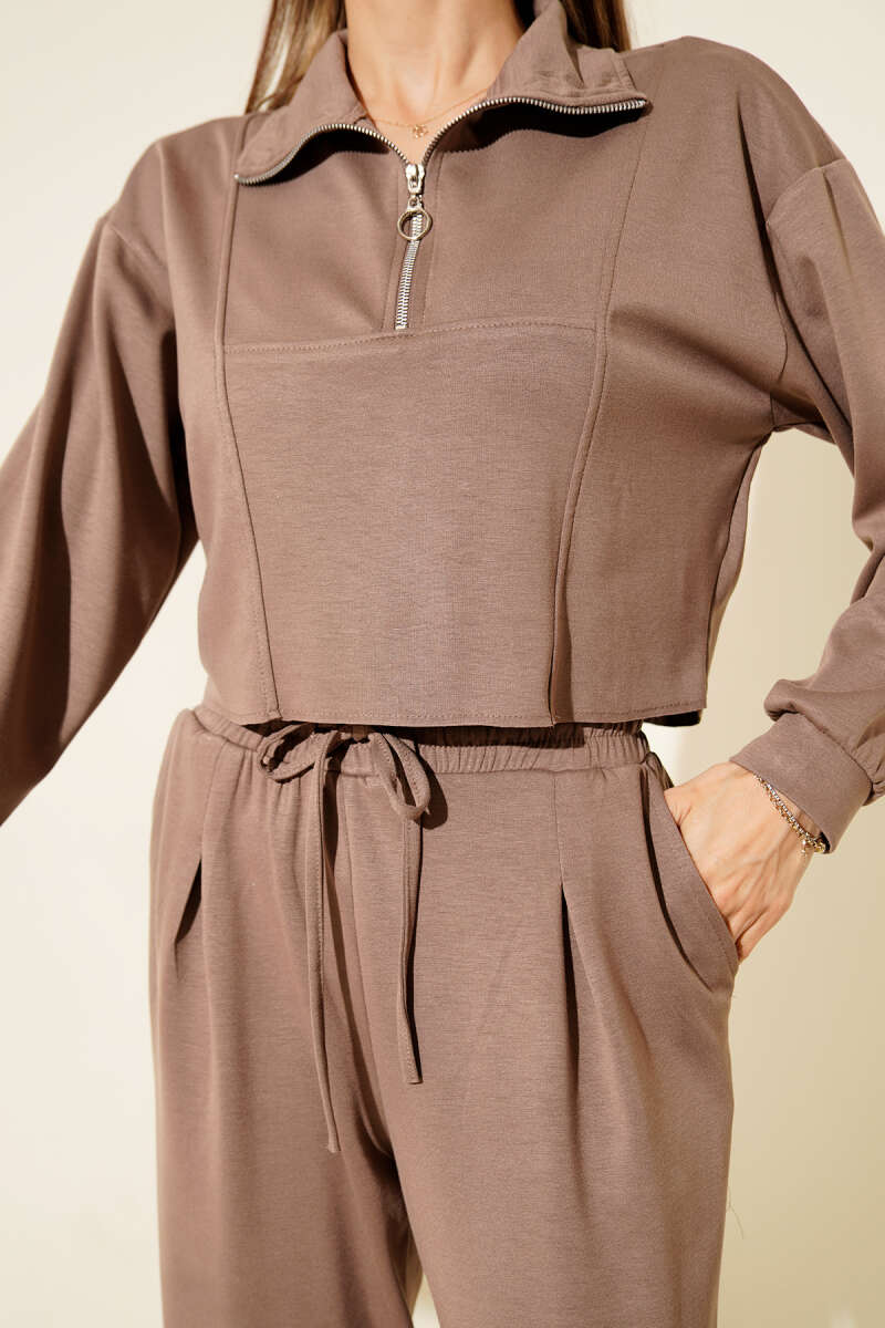 Half-Zip Crop Two-Piece Set - Mink