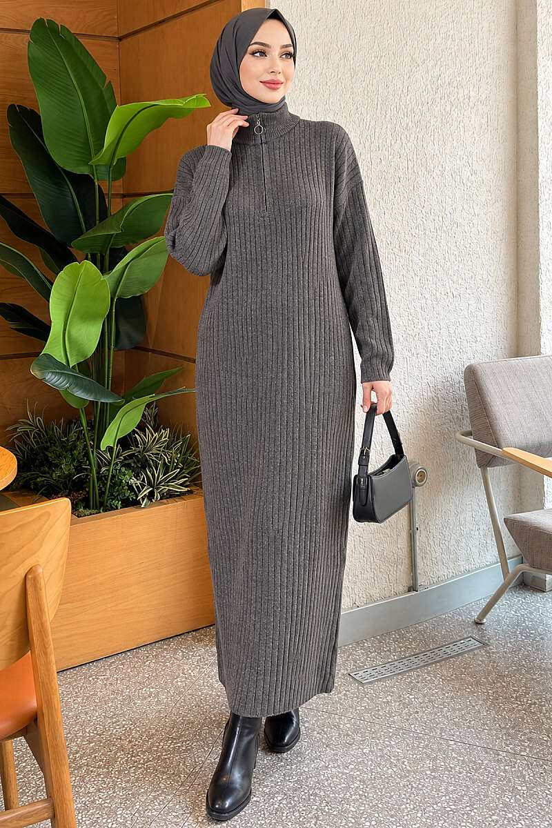 Half-Zip Ribbed Knit Dress - Charcoal