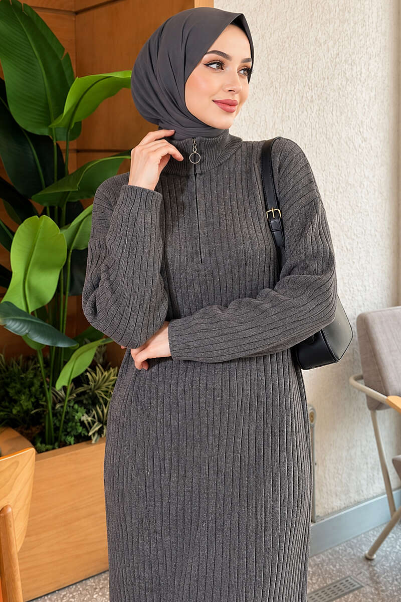 Half-Zip Ribbed Knit Dress - Charcoal