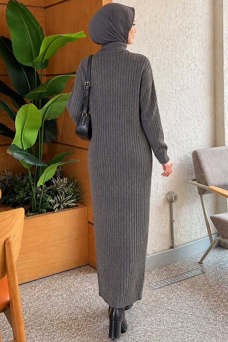 Half-Zip Ribbed Knit Dress - Charcoal