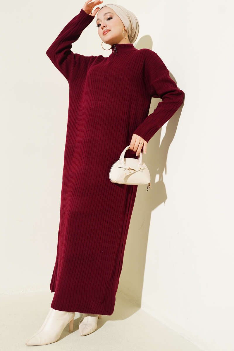 Half-Zip Ribbed Knit Dress - Burgundy