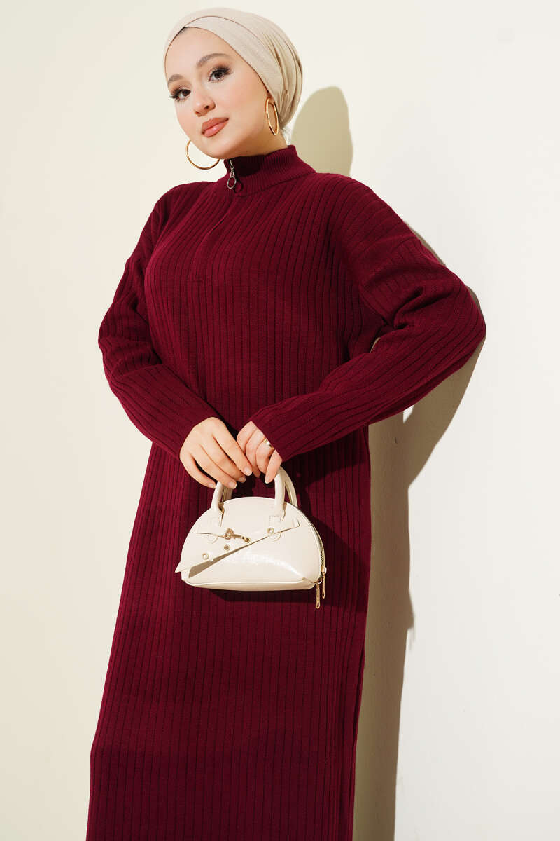 Half-Zip Ribbed Knit Dress - Burgundy