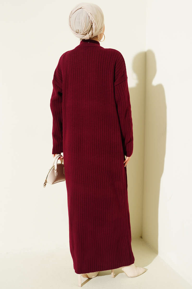 Half-Zip Ribbed Knit Dress - Burgundy