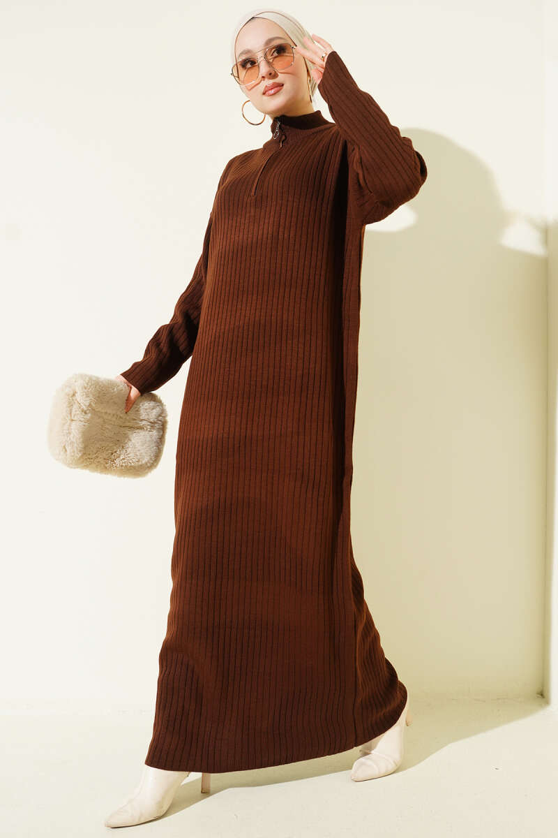 Half-Zip Ribbed Knit Dress - Brown