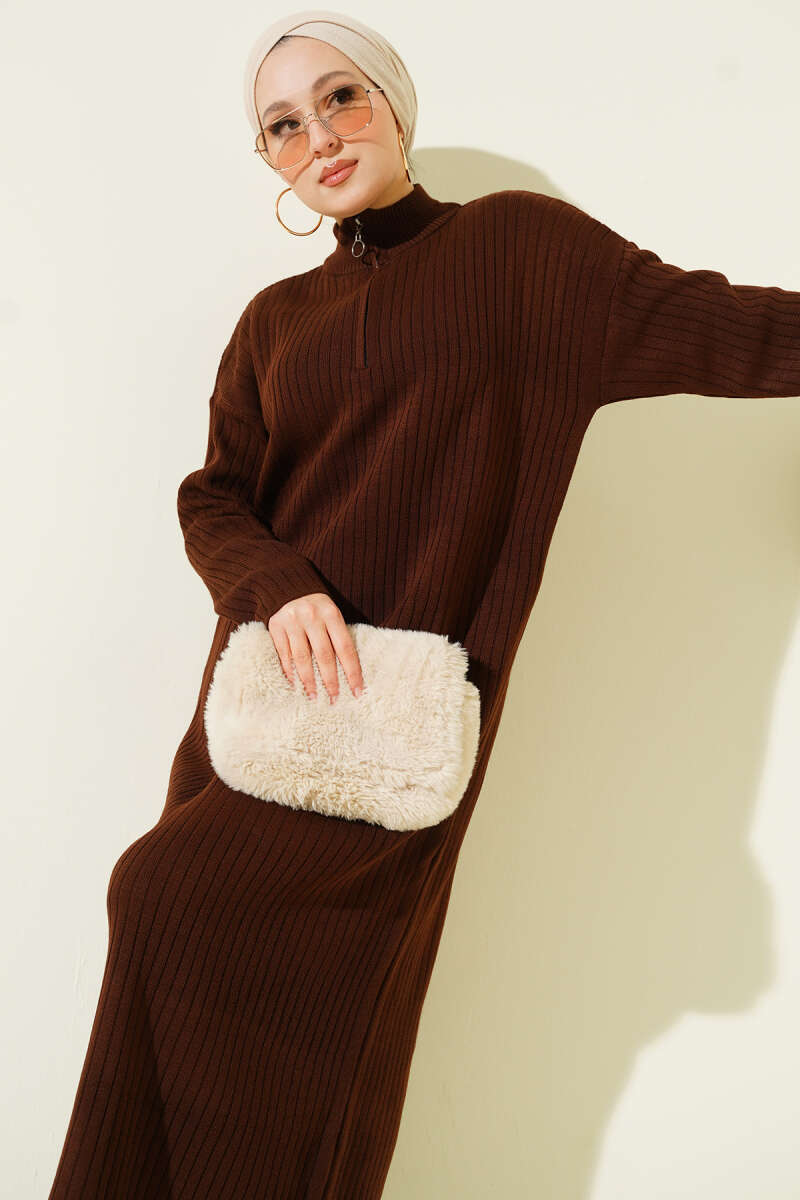 Half-Zip Ribbed Knit Dress - Brown