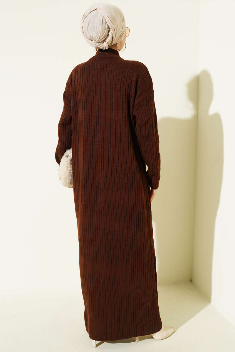 Half-Zip Ribbed Knit Dress - Brown