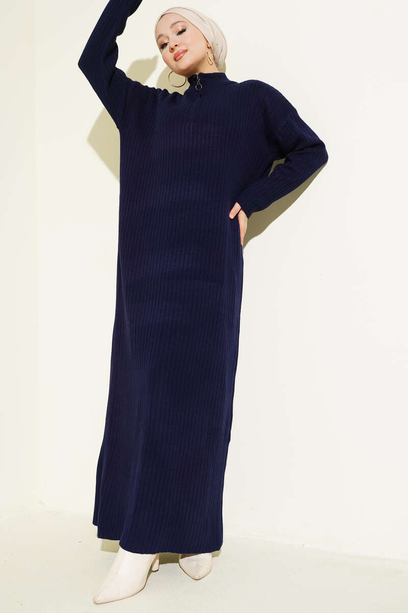 Half-Zip Ribbed Knit Dress - Navy