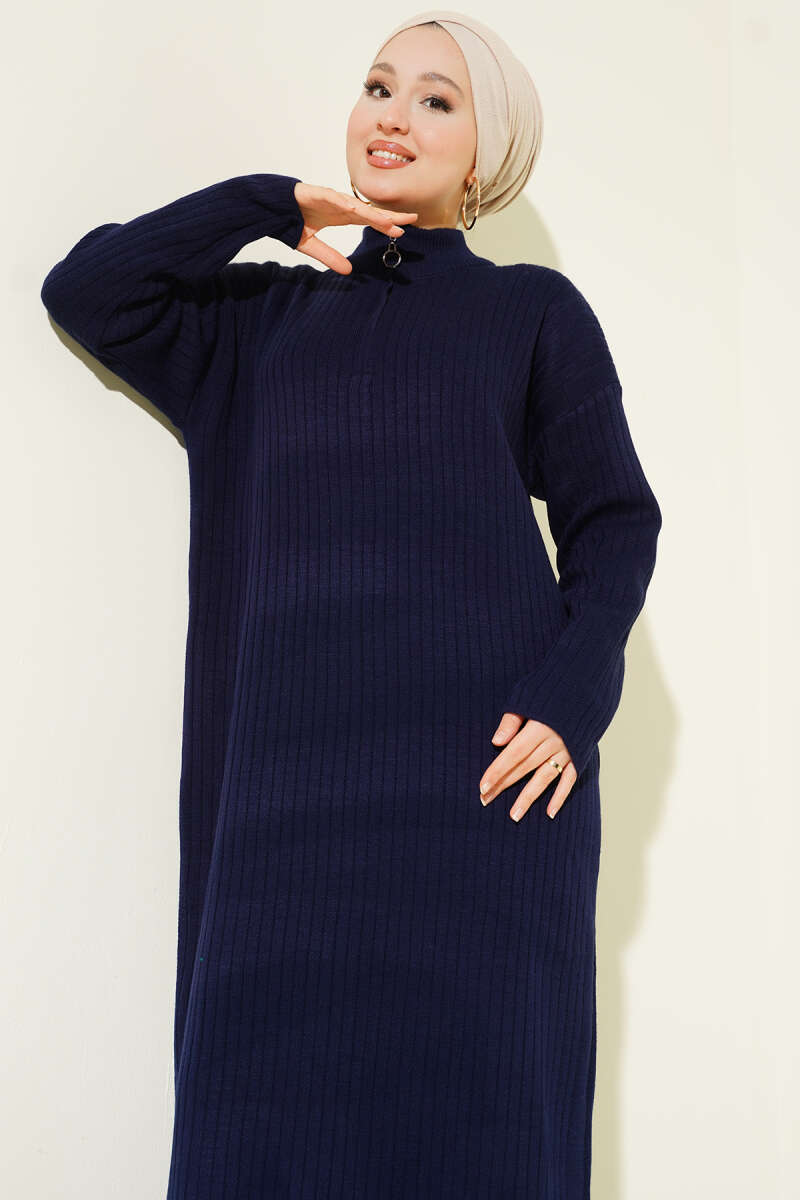 Half-Zip Ribbed Knit Dress - Navy