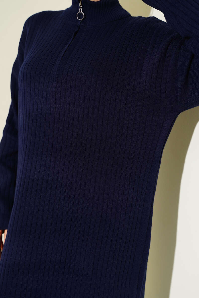 Half-Zip Ribbed Knit Dress - Navy