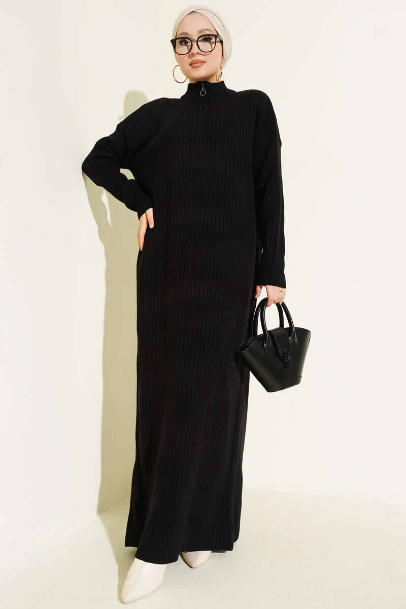 Half-Zip Ribbed Knit Dress - Black