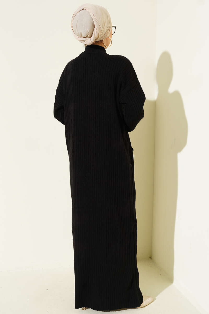 Half-Zip Ribbed Knit Dress - Black
