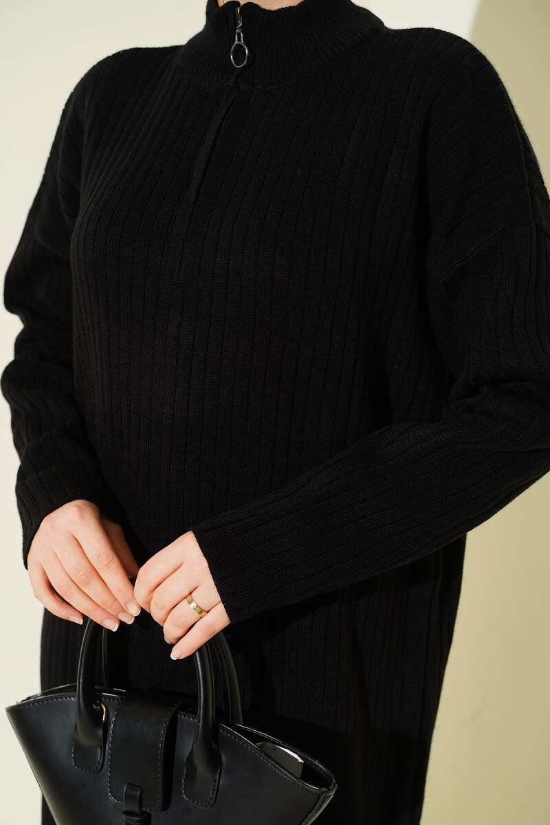 Half-Zip Ribbed Knit Dress - Black