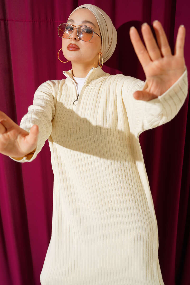 Half-Zip Ribbed Knit Dress - Stone