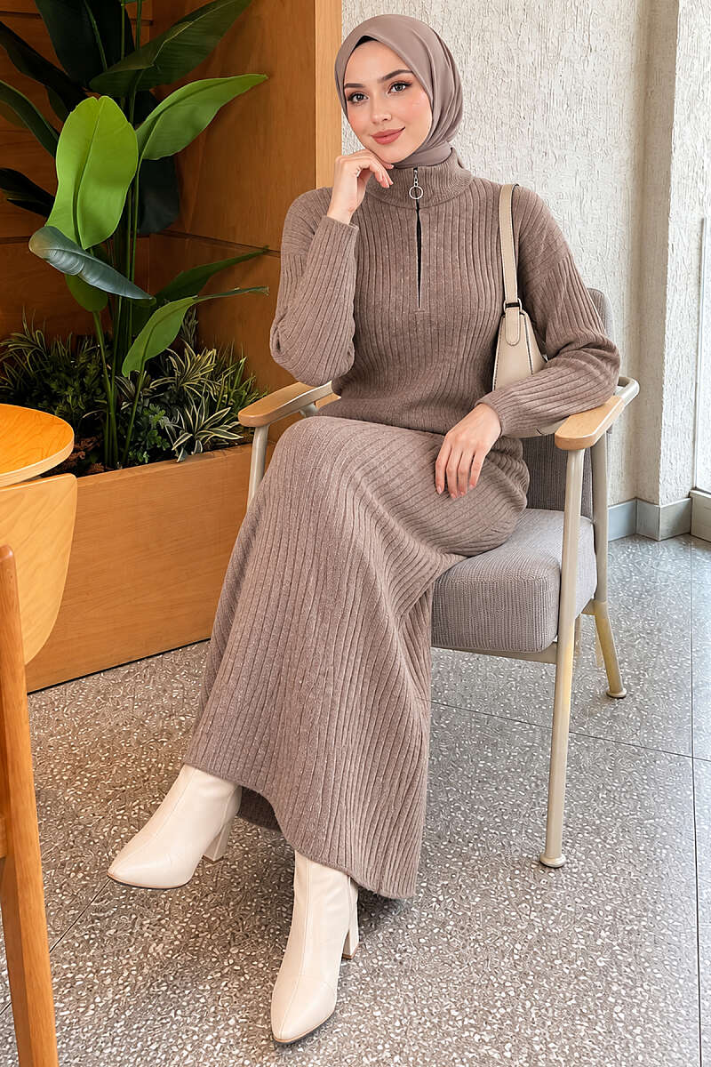 Half-Zip Ribbed Knit Dress - Mink