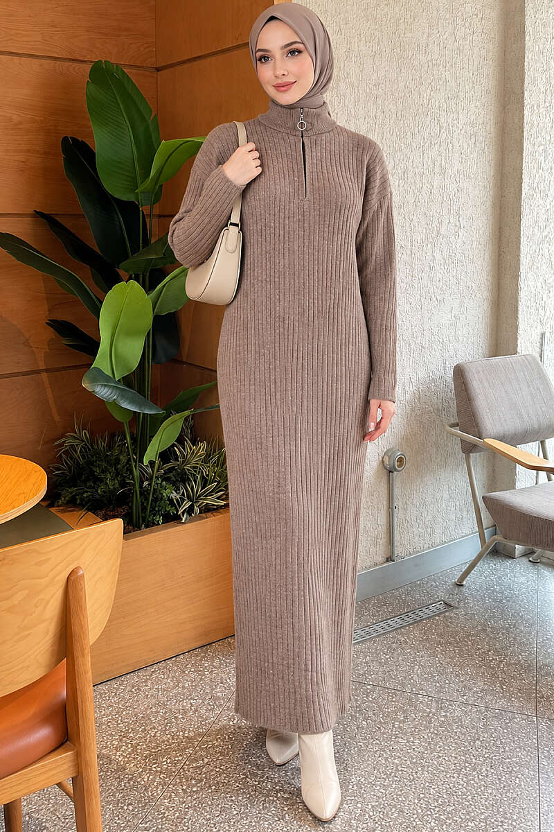 Half-Zip Ribbed Knit Dress - Mink