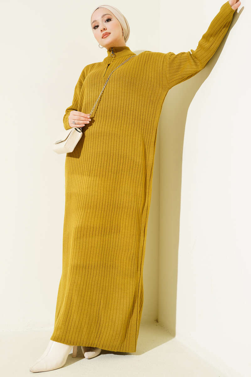 Half-Zip Ribbed Knit Dress - Olive