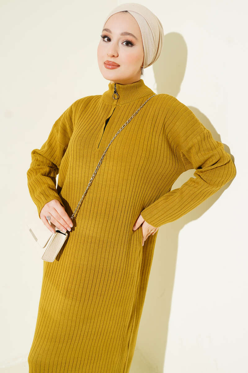 Half-Zip Ribbed Knit Dress - Olive
