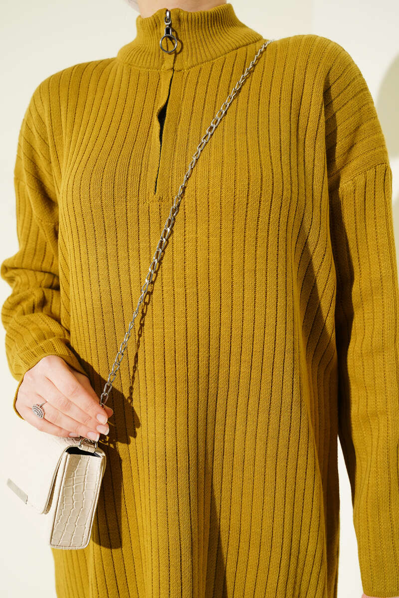 Half-Zip Ribbed Knit Dress - Olive
