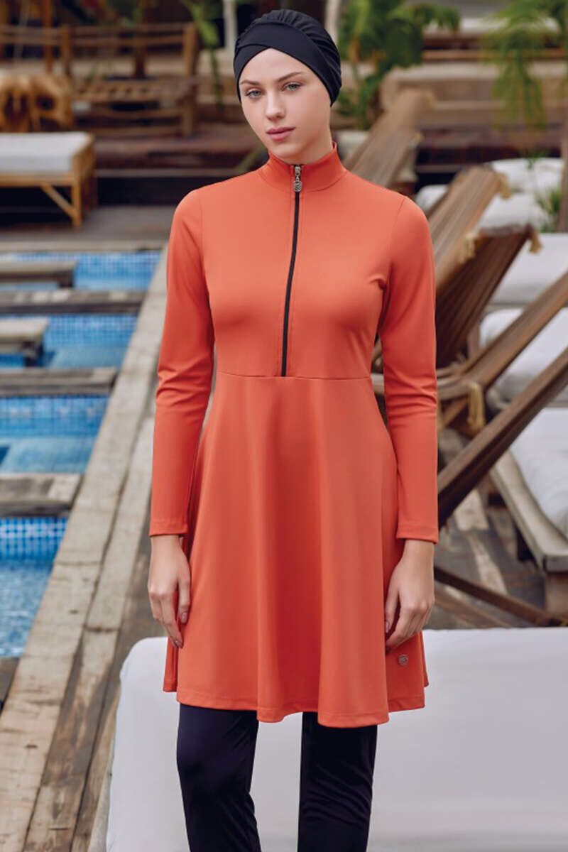 Plain Half-Zip Modest Swimsuit - Cinnamon