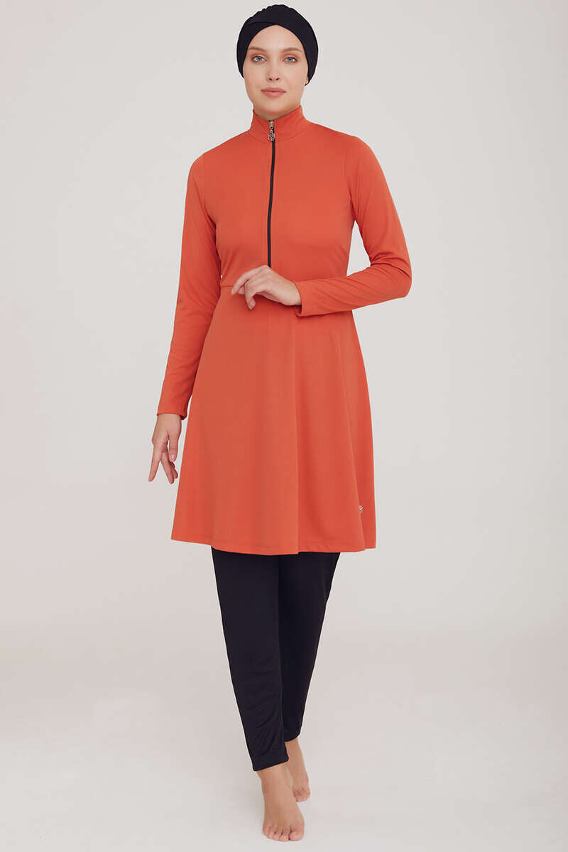 Plain Half-Zip Modest Swimsuit - Cinnamon