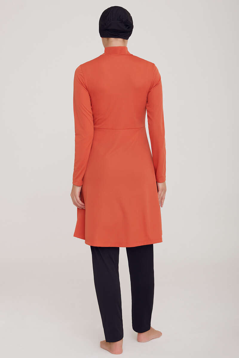 Plain Half-Zip Modest Swimsuit - Cinnamon