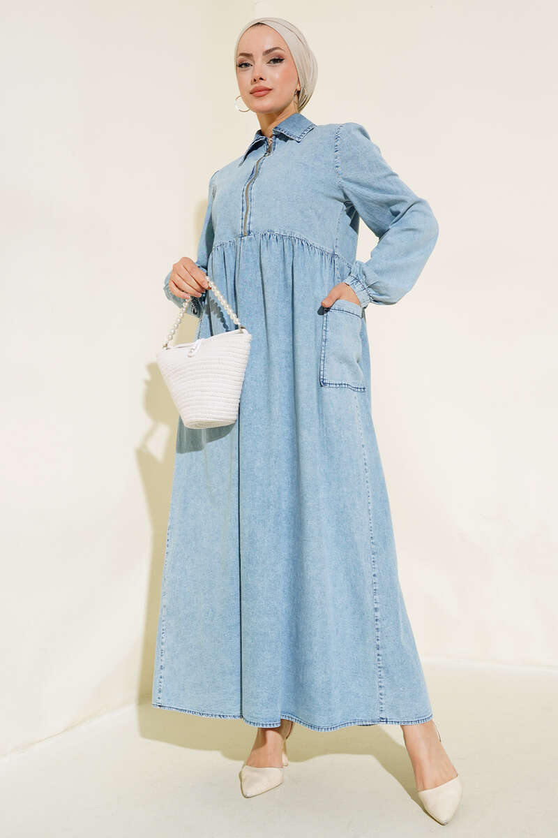 Half-Zip Denim Dress with Skirt Pockets - Denim Blue