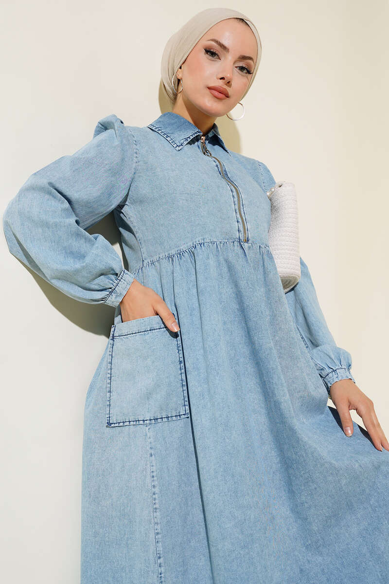 Half-Zip Denim Dress with Skirt Pockets - Denim Blue