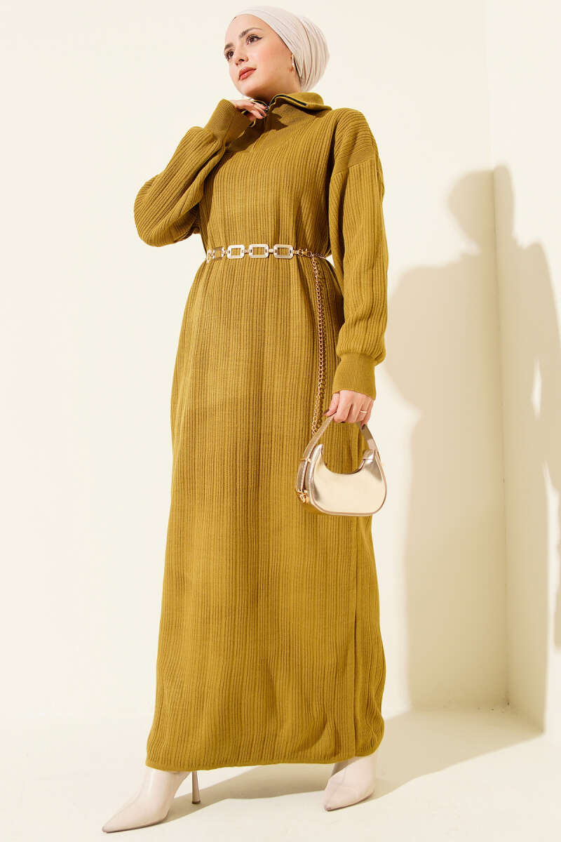 Half-Zip Ribbed Knit Dress - Olive