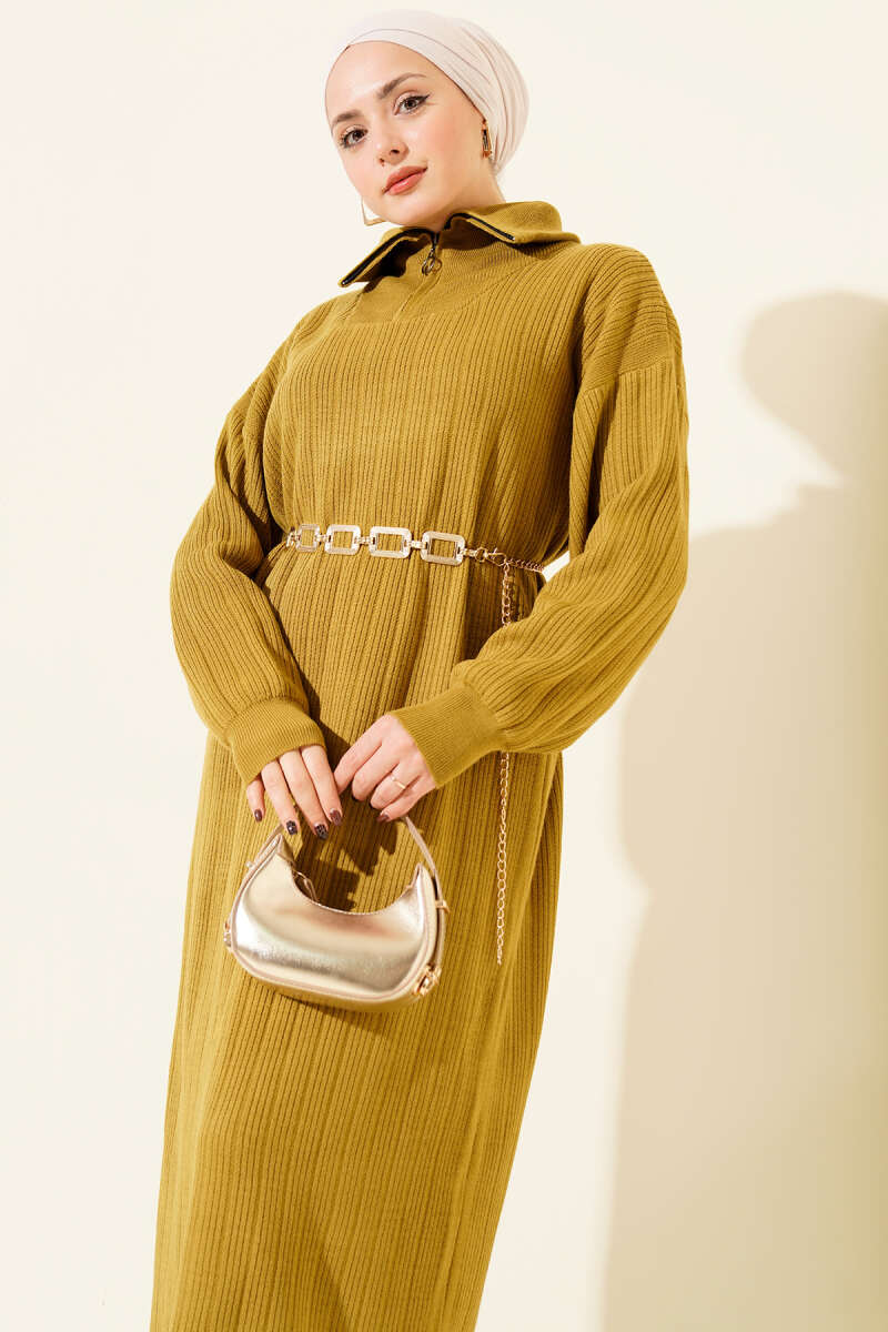 Half-Zip Ribbed Knit Dress - Olive