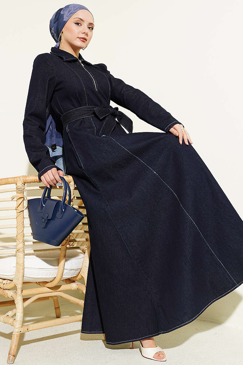Half-Zip Shirt-Collar Denim Dress - Navy