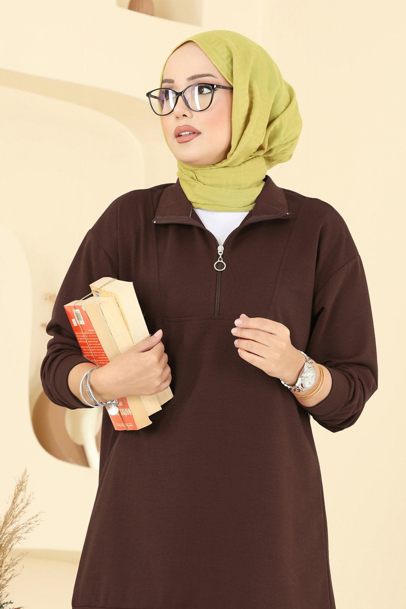 Half-Zip Two-Thread Set - Brown