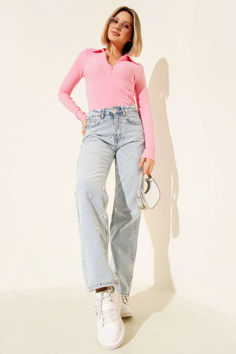 Half-Zip Ribbed Blouse - Pink