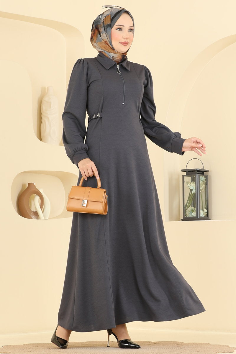 Half-Zip Crepe Dress - Charcoal