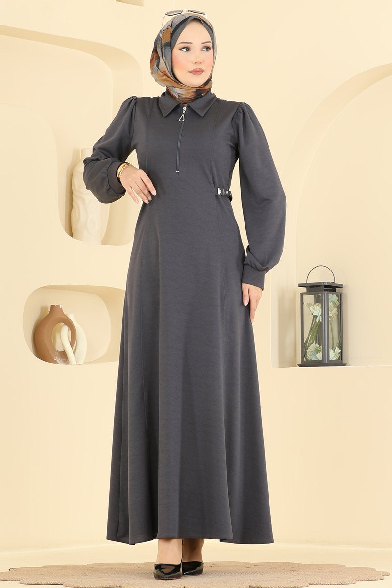 Half-Zip Crepe Dress - Charcoal