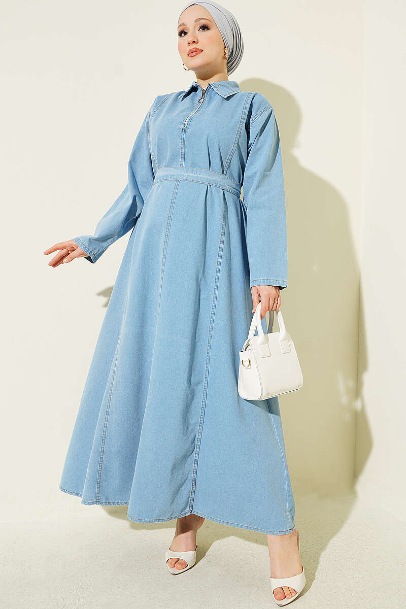 Belted Half-Zip Denim Dress - Light Blue