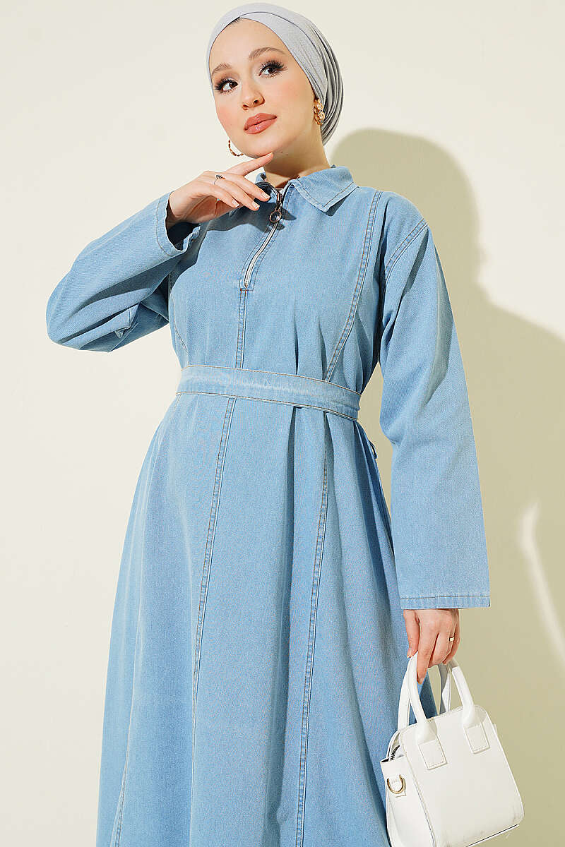 Belted Half-Zip Denim Dress - Light Blue