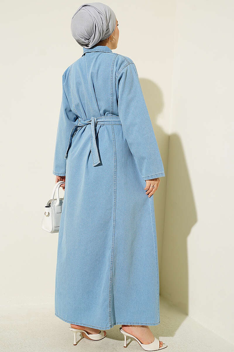 Belted Half-Zip Denim Dress - Light Blue