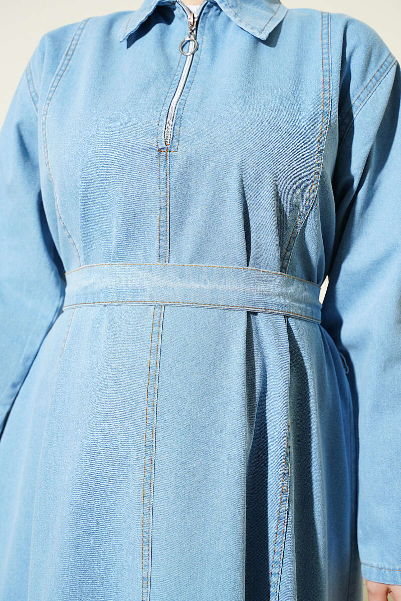 Belted Half-Zip Denim Dress - Light Blue