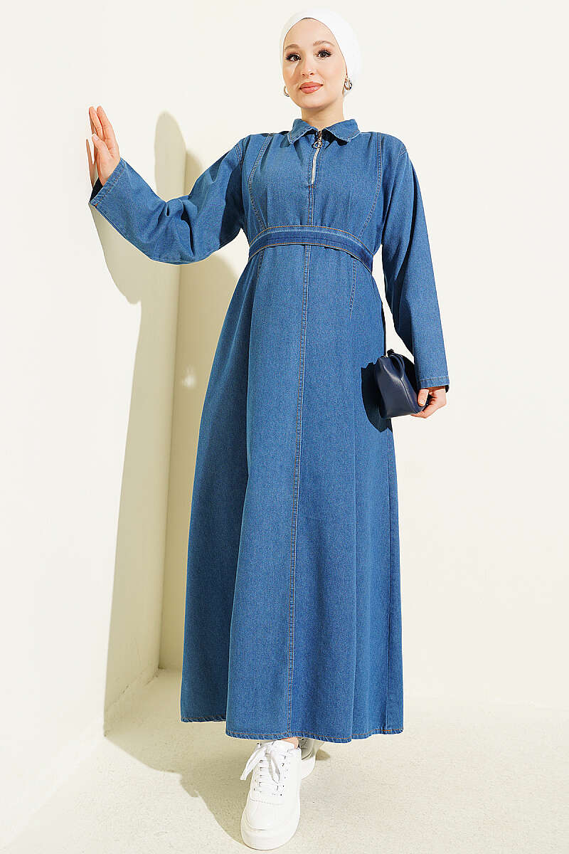 Belted Half-Zip Denim Dress - Blue